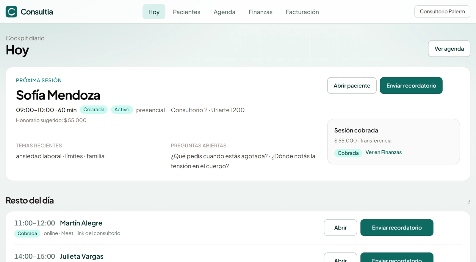 Vista Hoy — cockpit diario del consultorio